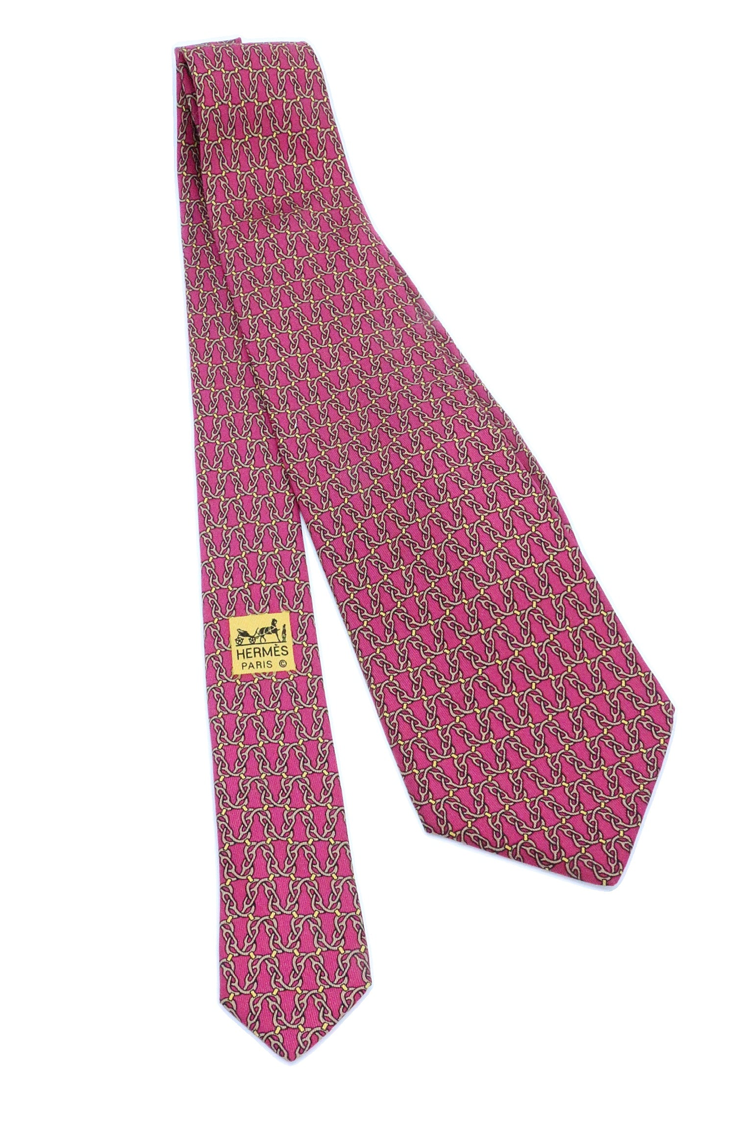 Corbata Hermés rosa con entrelazado amarillo