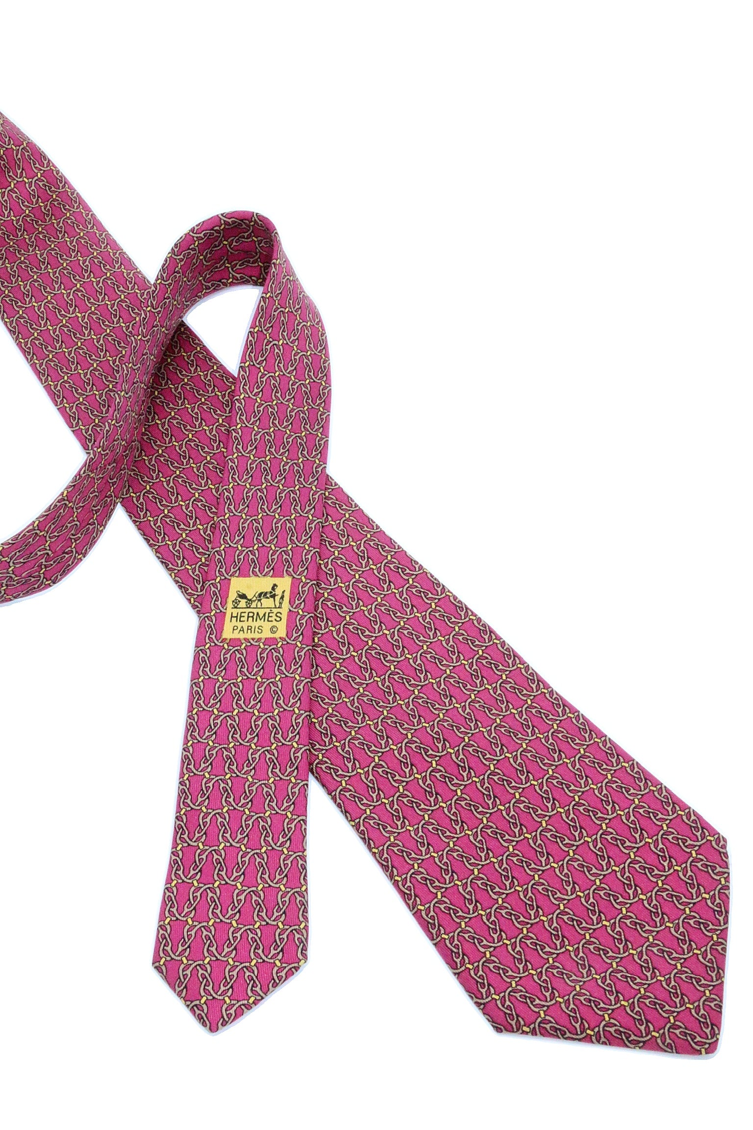 Corbata Hermés rosa con entrelazado amarillo