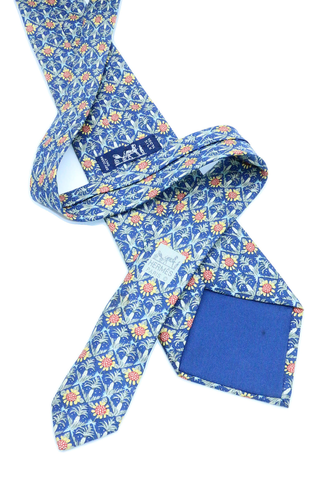 Corbata Hermés azul con flores/frutas