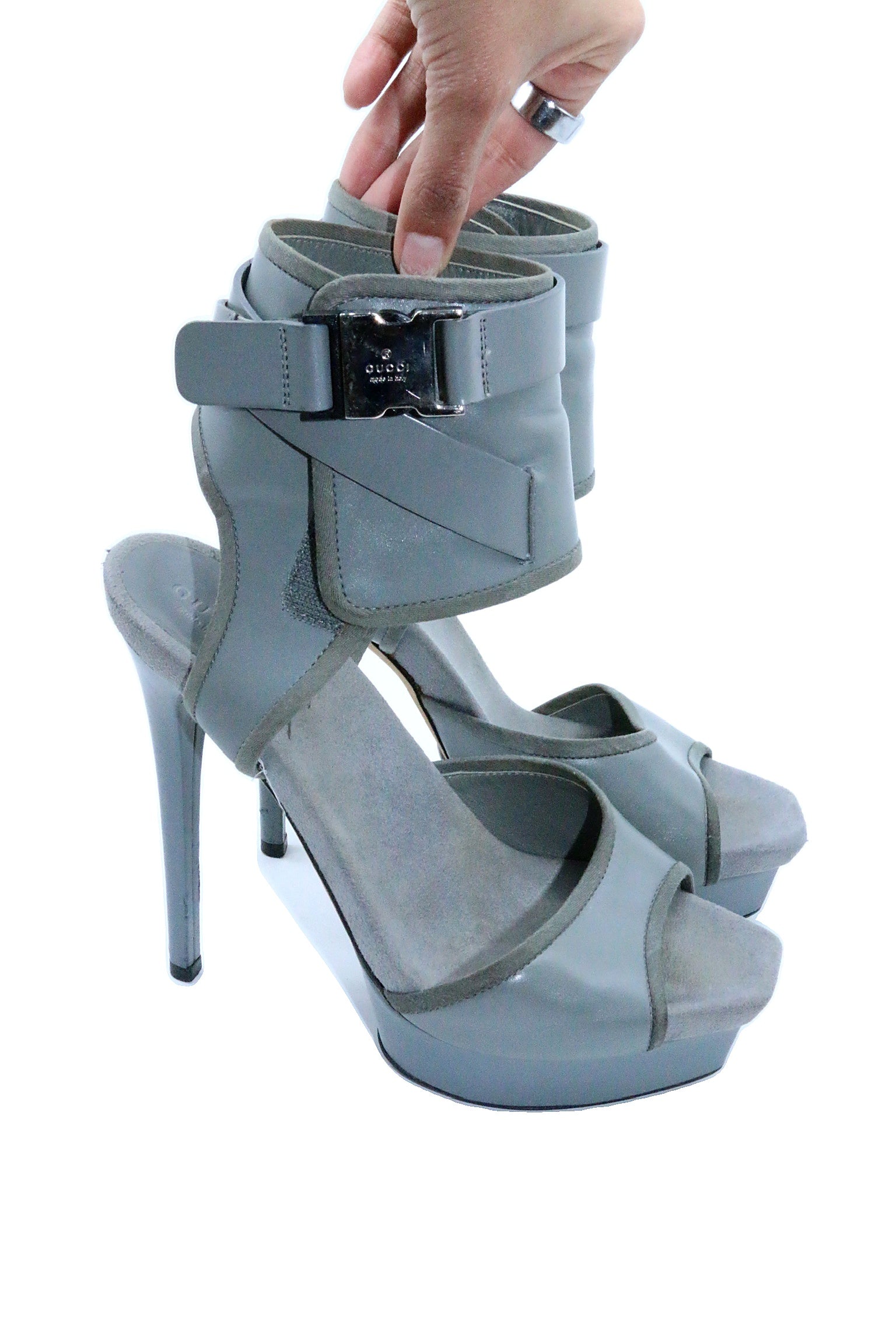 Gucci Grey Leather Gail Ankle Cuff Platform